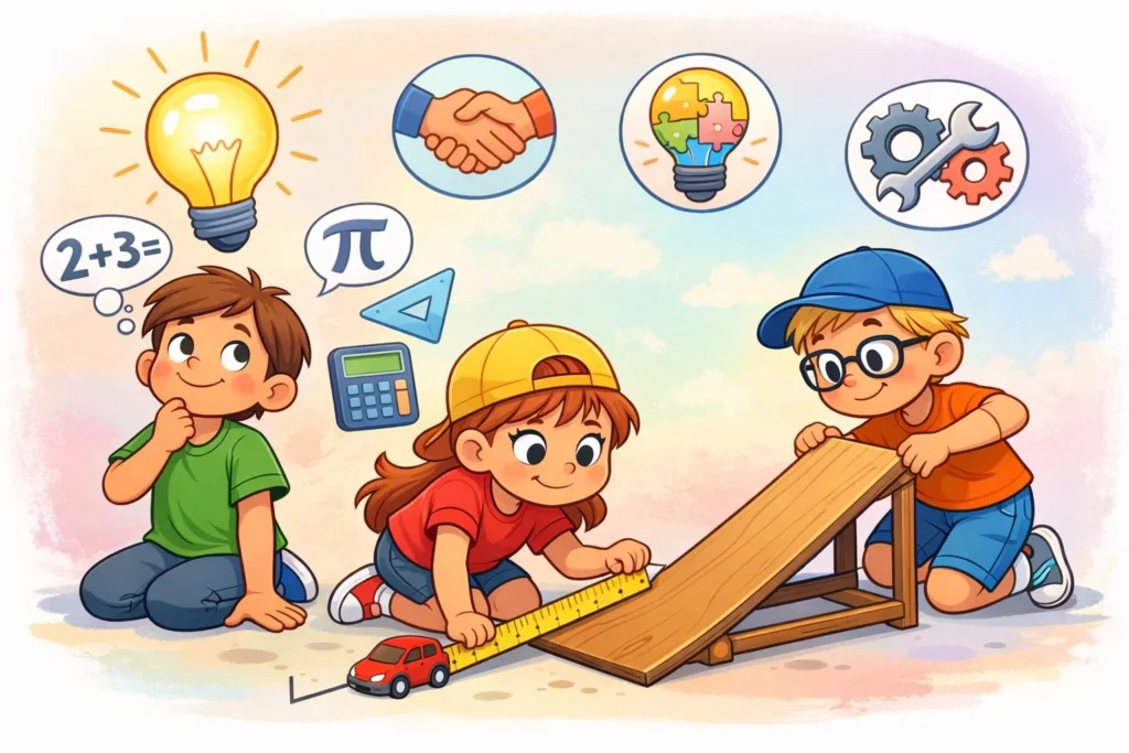 Kids developing ramp racer skills like problem solving, math, and engineering.