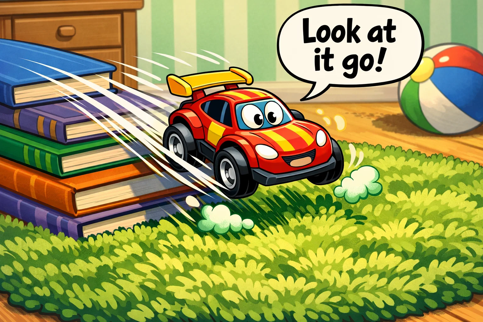 A cartoon toy car rolling down a book ramp onto a carpet to show how surfaces change speed.