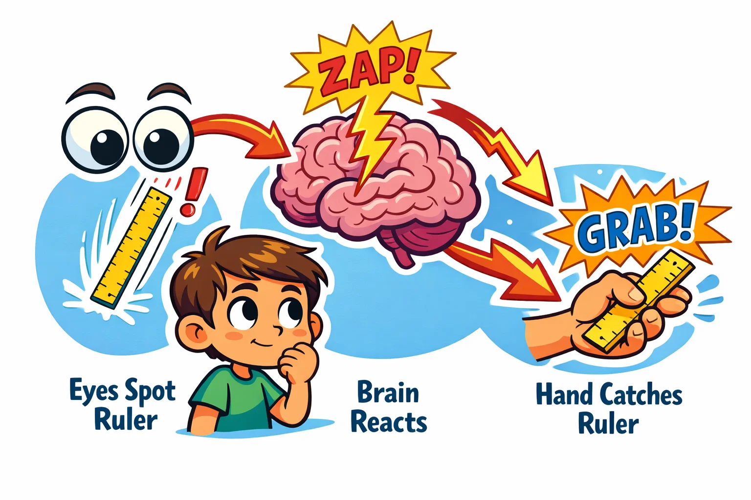 Reaction time basics showing eyes brain and hand coordination in kids science.
