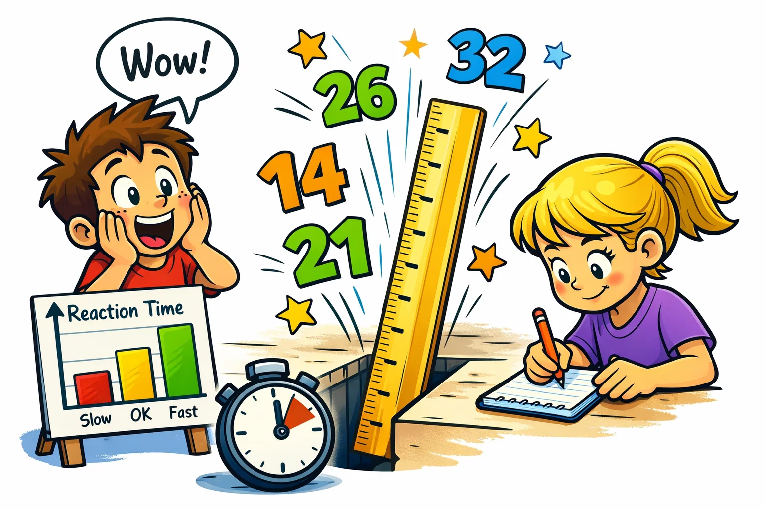 Reaction time calculation using ruler drop distance in kids experiment.