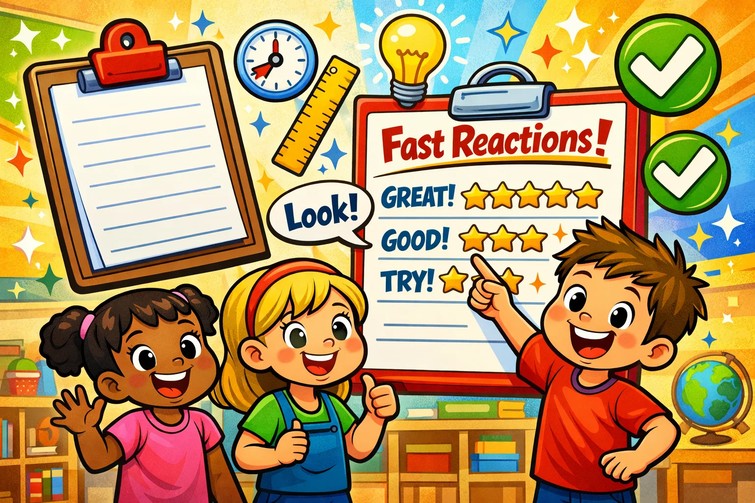 Reaction time experiment objectives shown with ruler stopwatch and learning goals.