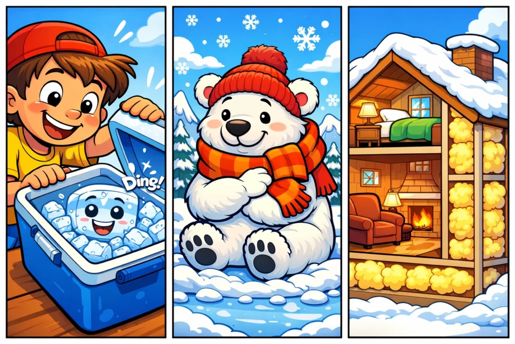 Real life examples of insulation shown to kids with everyday items.
