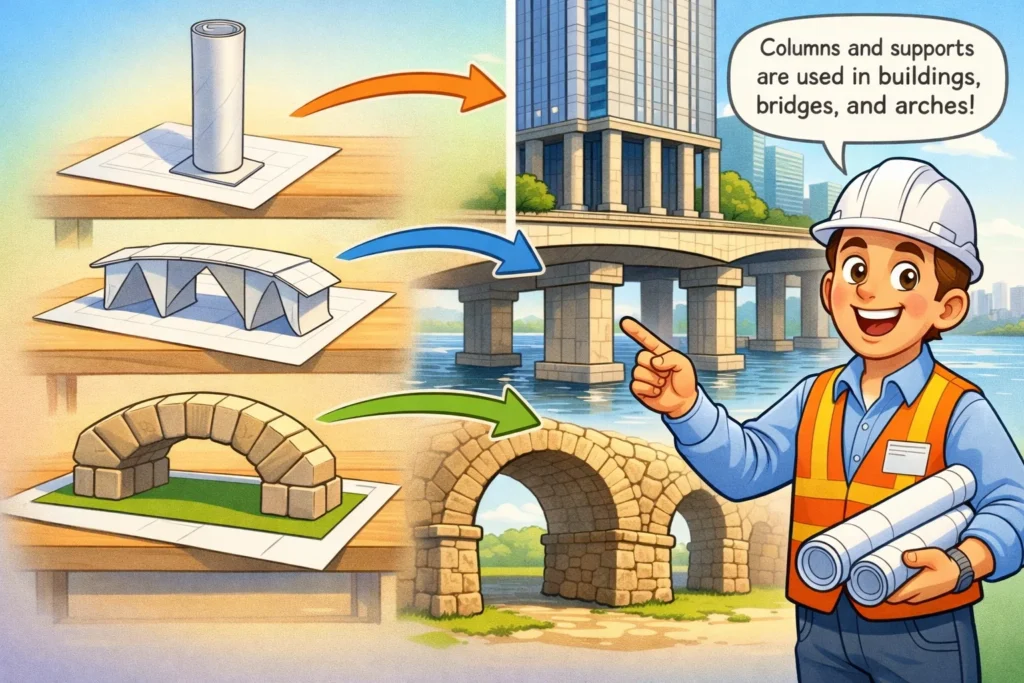 Real world compression structures explained using paper STEM models for kids.
