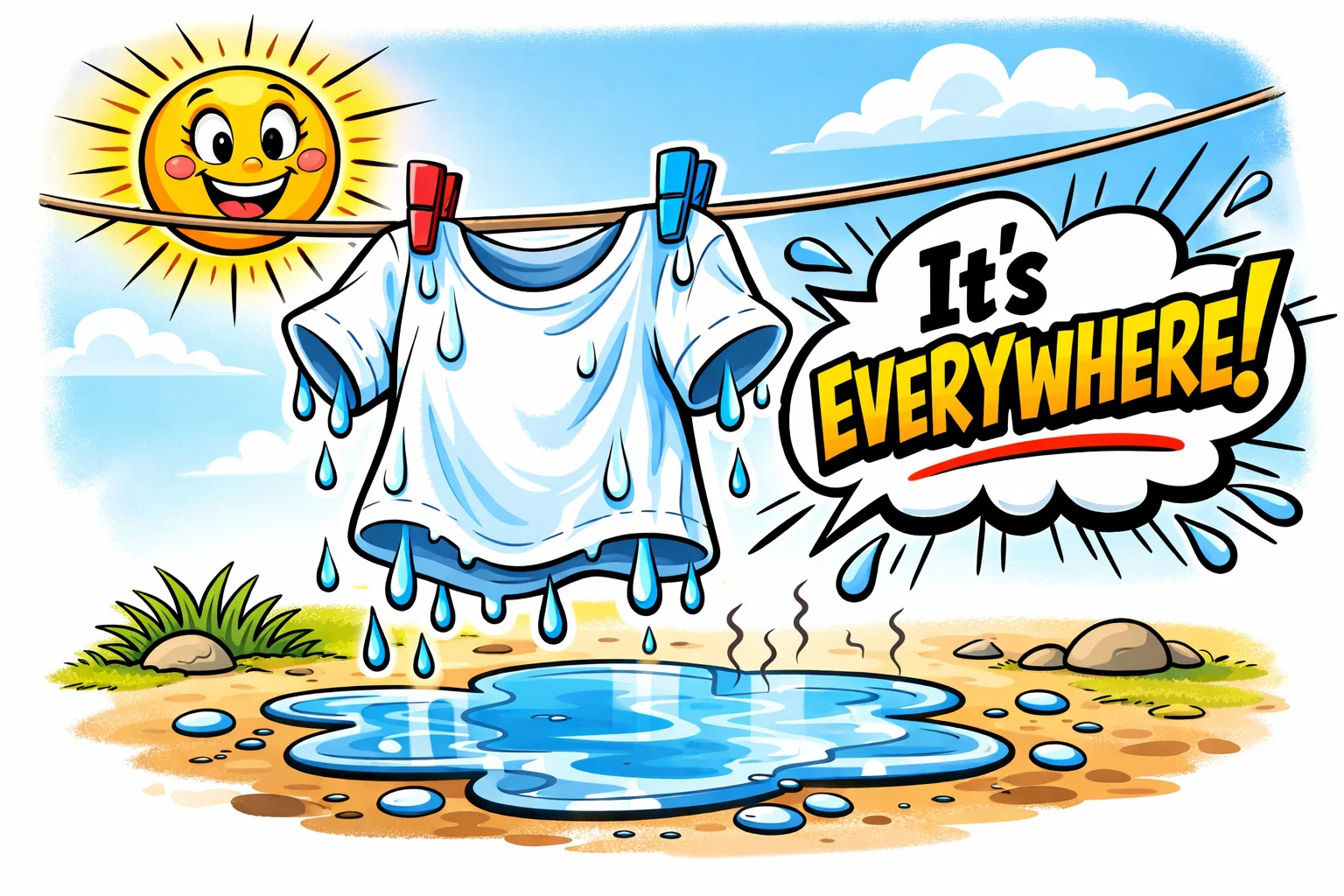 Comic style drawing of a drying puddle and clothes on a line under a bright sun. Comic style drawing of a drying puddle and clothes on a line under a bright sun.