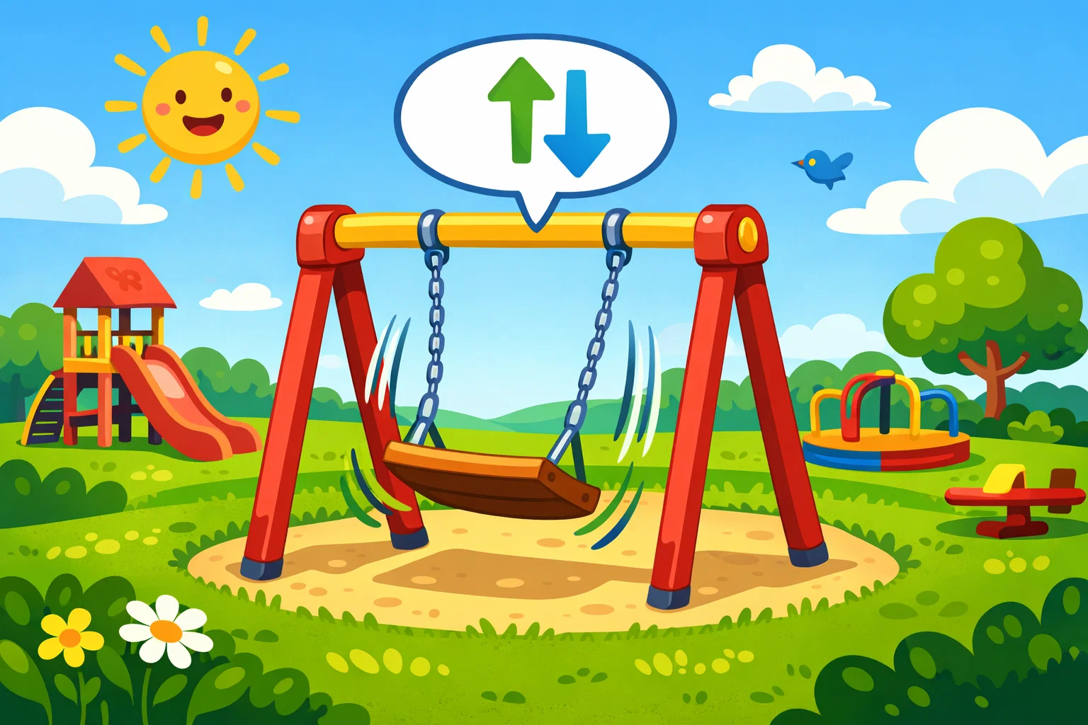 Cartoon of a playground swing with a motion icon in a sunny park with a blue sky. Cartoon of a playground swing with a motion icon in a sunny park with a blue sky.