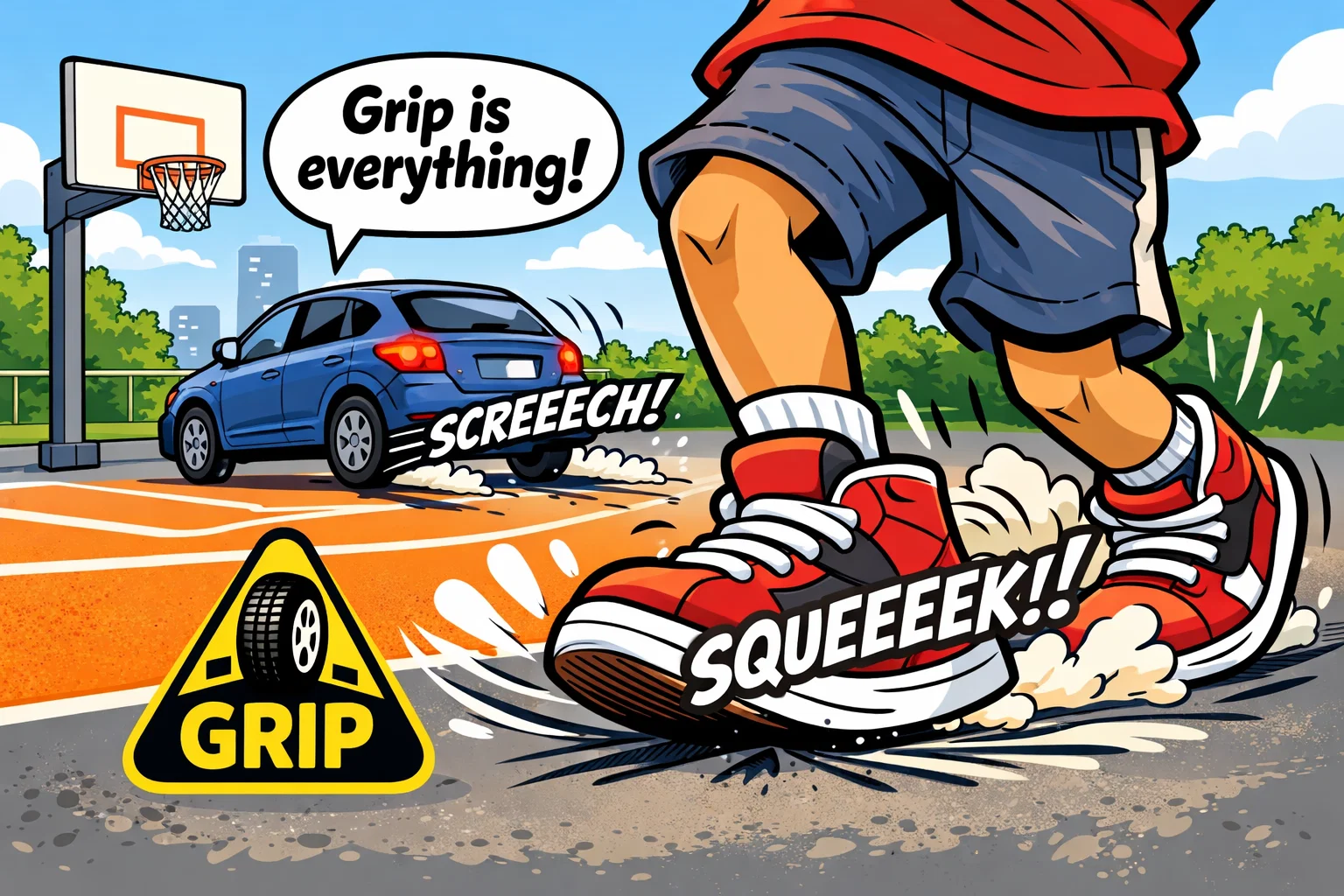 A cartoon showing sneakers gripping a floor and a car braking to show friction in real life.