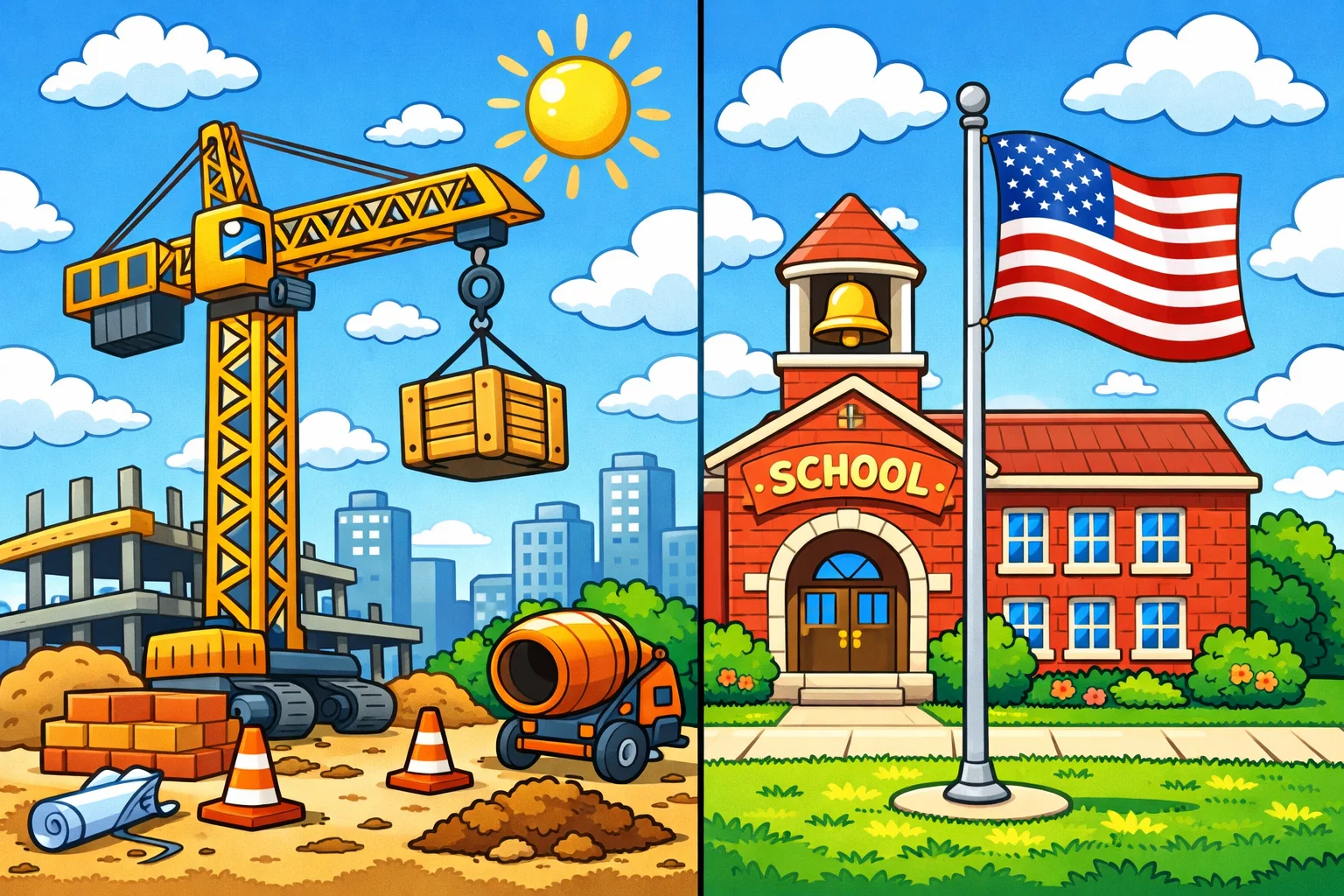 Cartoon illustration showing a construction crane and a flagpole under a bright blue sky. Cartoon illustration showing a construction crane and a flagpole under a bright blue sky.