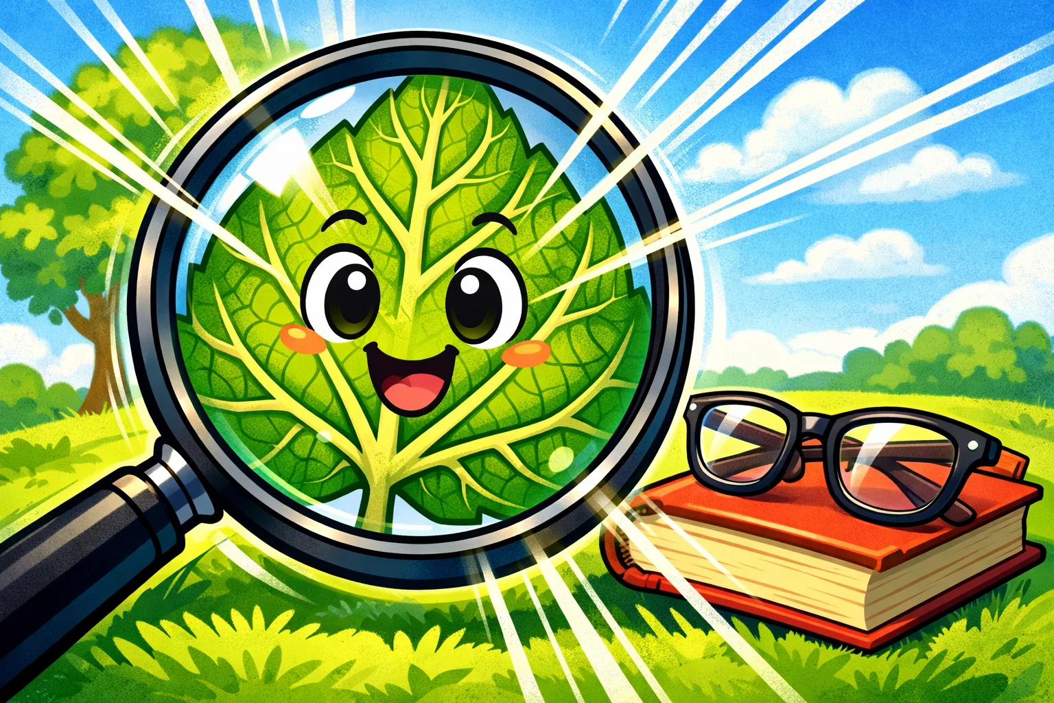 Cartoon magnifying glass enlarging a leaf to demonstrate how refraction works in everyday life.