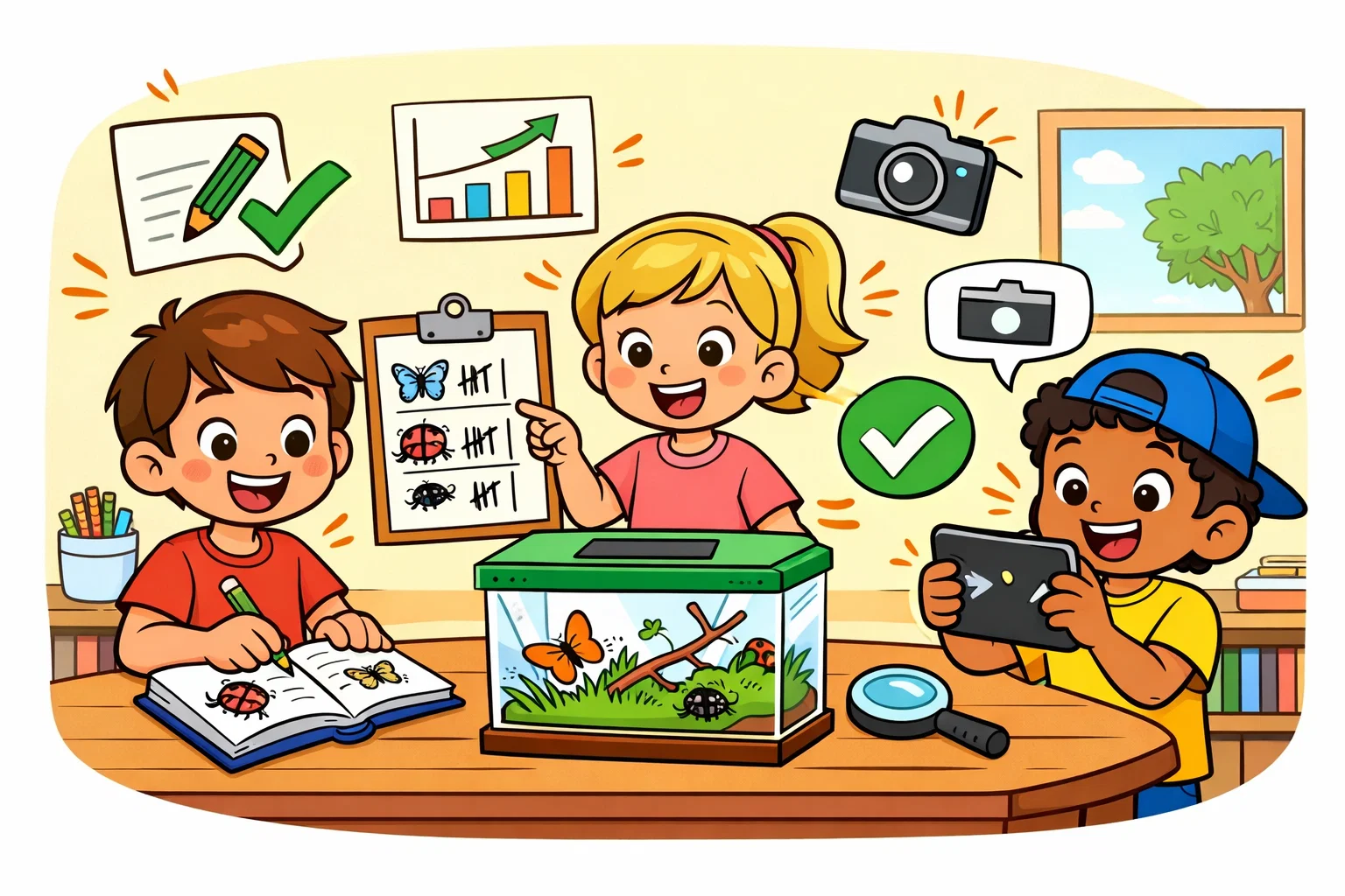 Recording insect habitat observation results by kids using notes drawings and simple charts. Recording insect habitat observation results by kids using notes drawings and simple charts.