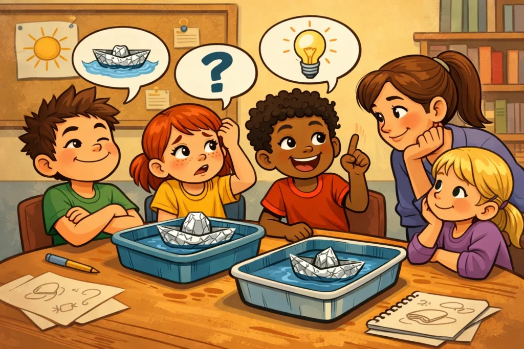 Reflection questions discussion after boat buoyancy challenge for kids.