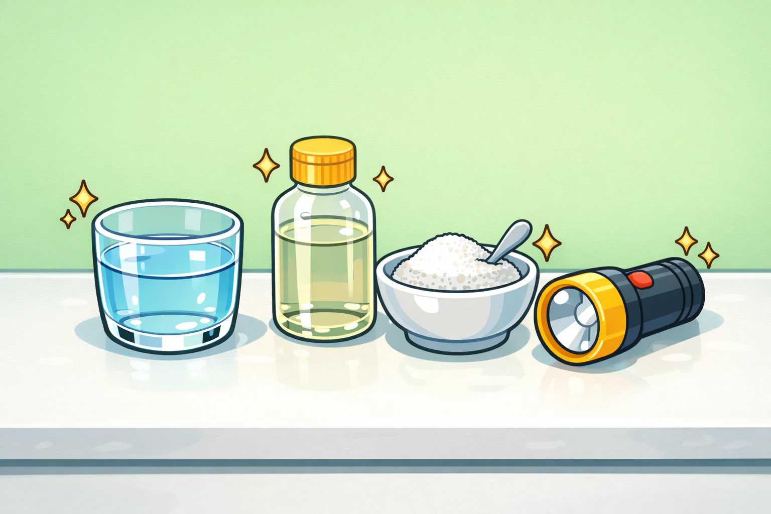Cartoon collection of household science supplies like a glass, oil, and flashlight on a clean counter.