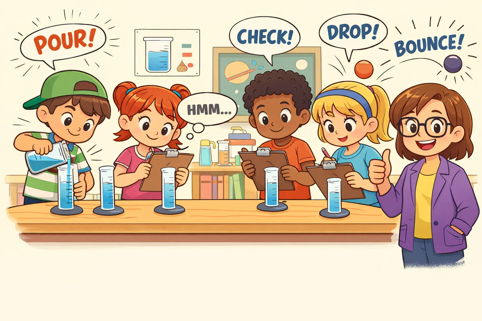 Kids demonstrate repeatable experiments during a reliability test in a school science class.