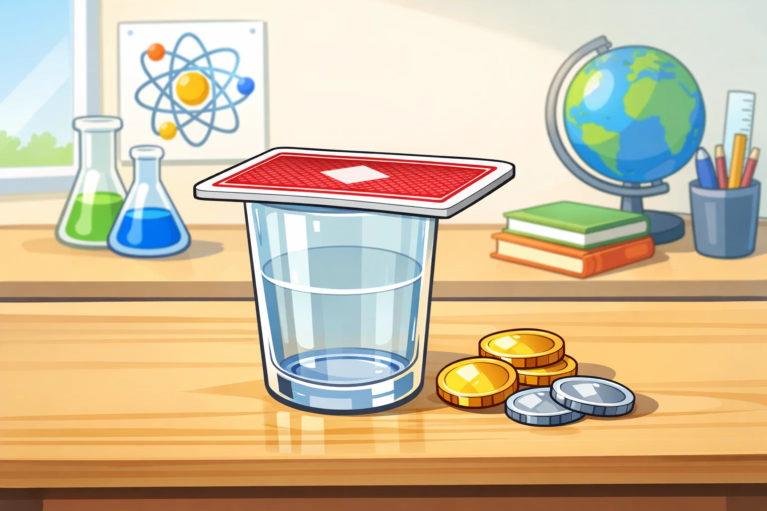Cartoon setup showing a glass, a playing card, and coins on a desk for a science experiment. Cartoon setup showing a glass, a playing card, and coins on a desk for a science experiment.