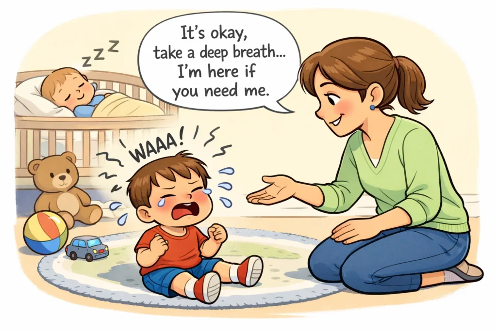 Responding to difficult toddler behavior with patience after new baby arrives.
