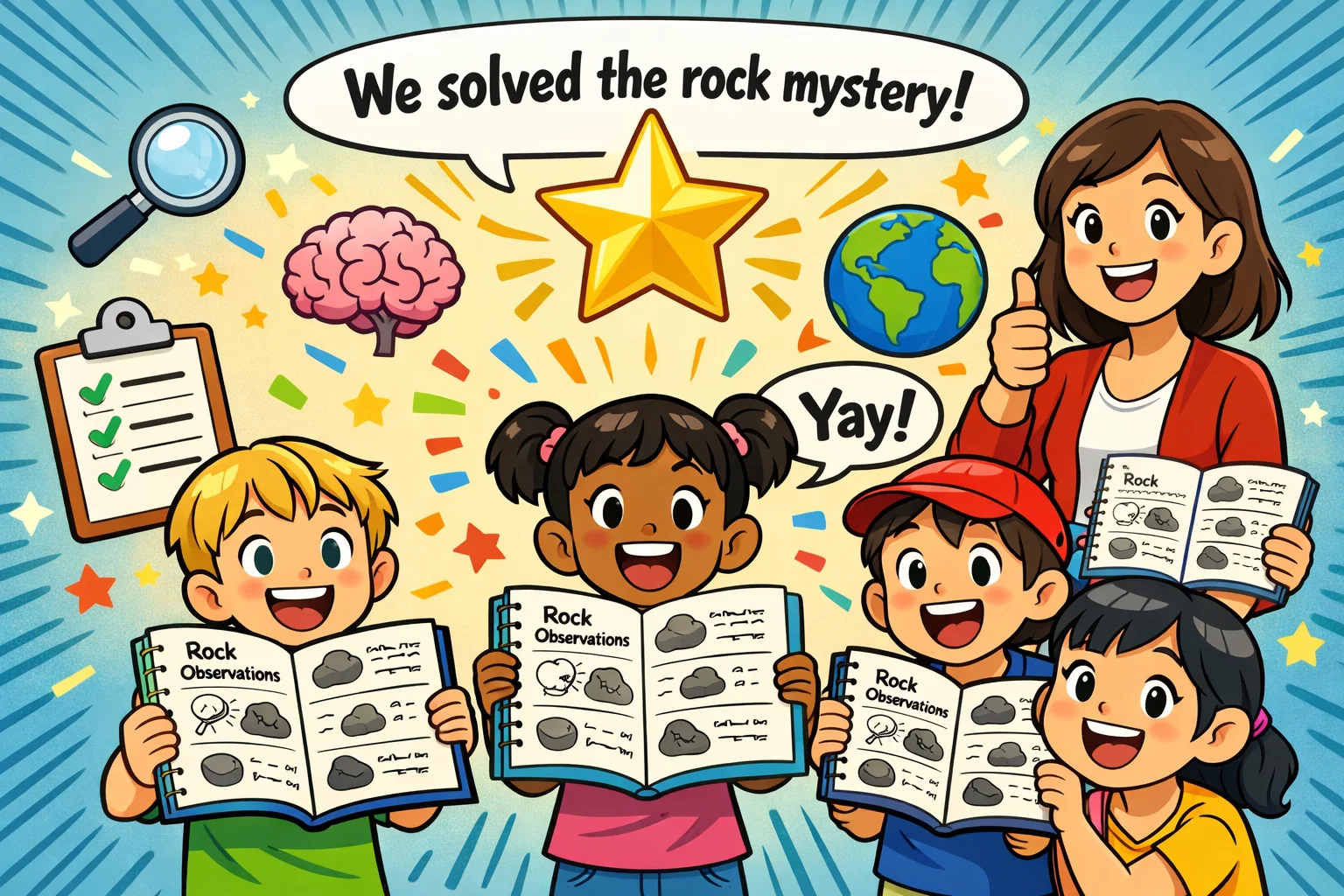 Rock identification experiment outcomes showing kids presenting results. Rock identification experiment outcomes showing kids presenting results.