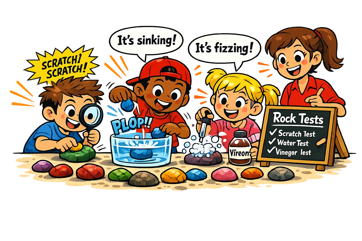 Kids doing rock identification experiments for kids using scratch and density tests.