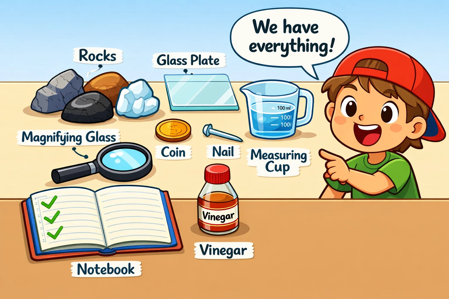 Rock identification supplies materials including rocks, magnifier, coin and vinegar. Rock identification supplies materials including rocks, magnifier, coin and vinegar.