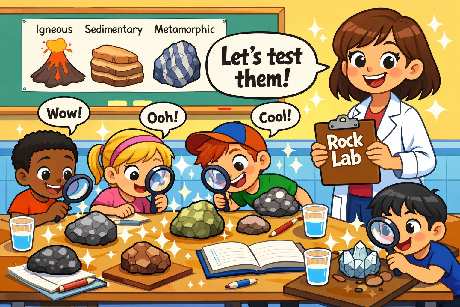 Classroom rock lab setup for kids examining different rock types. Classroom rock lab setup for kids examining different rock types.
