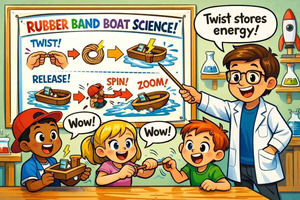 Rubber band boat science facts for kids learning energy and motion.

