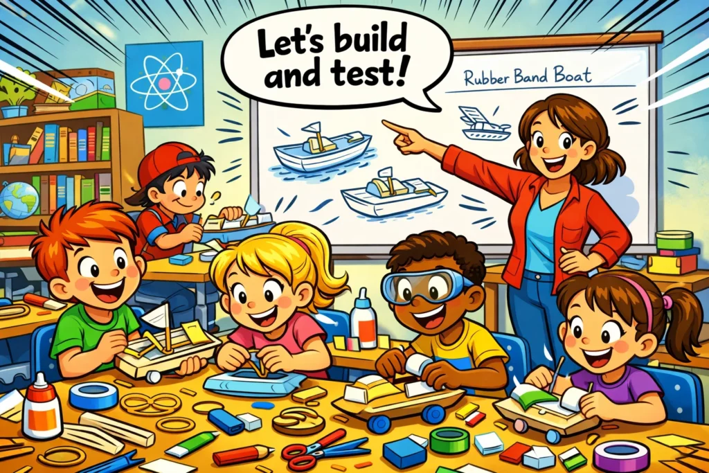 Kids doing rubber band boat STEM activity with craft supplies.
