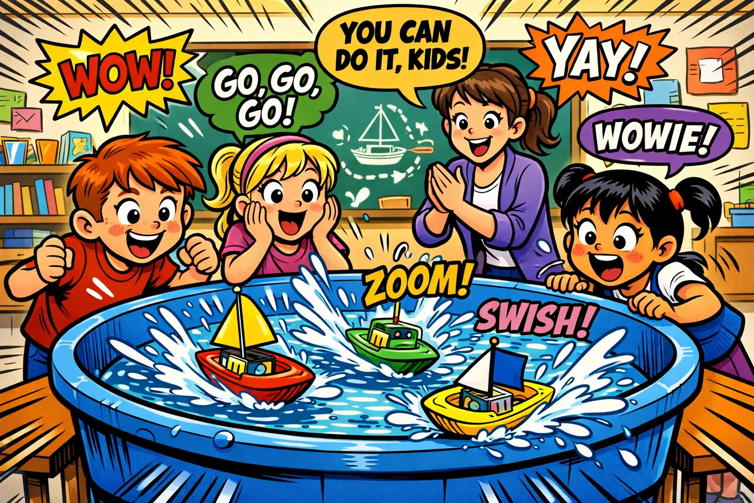 Rubber band powered boat challenge for kids racing boats in water.