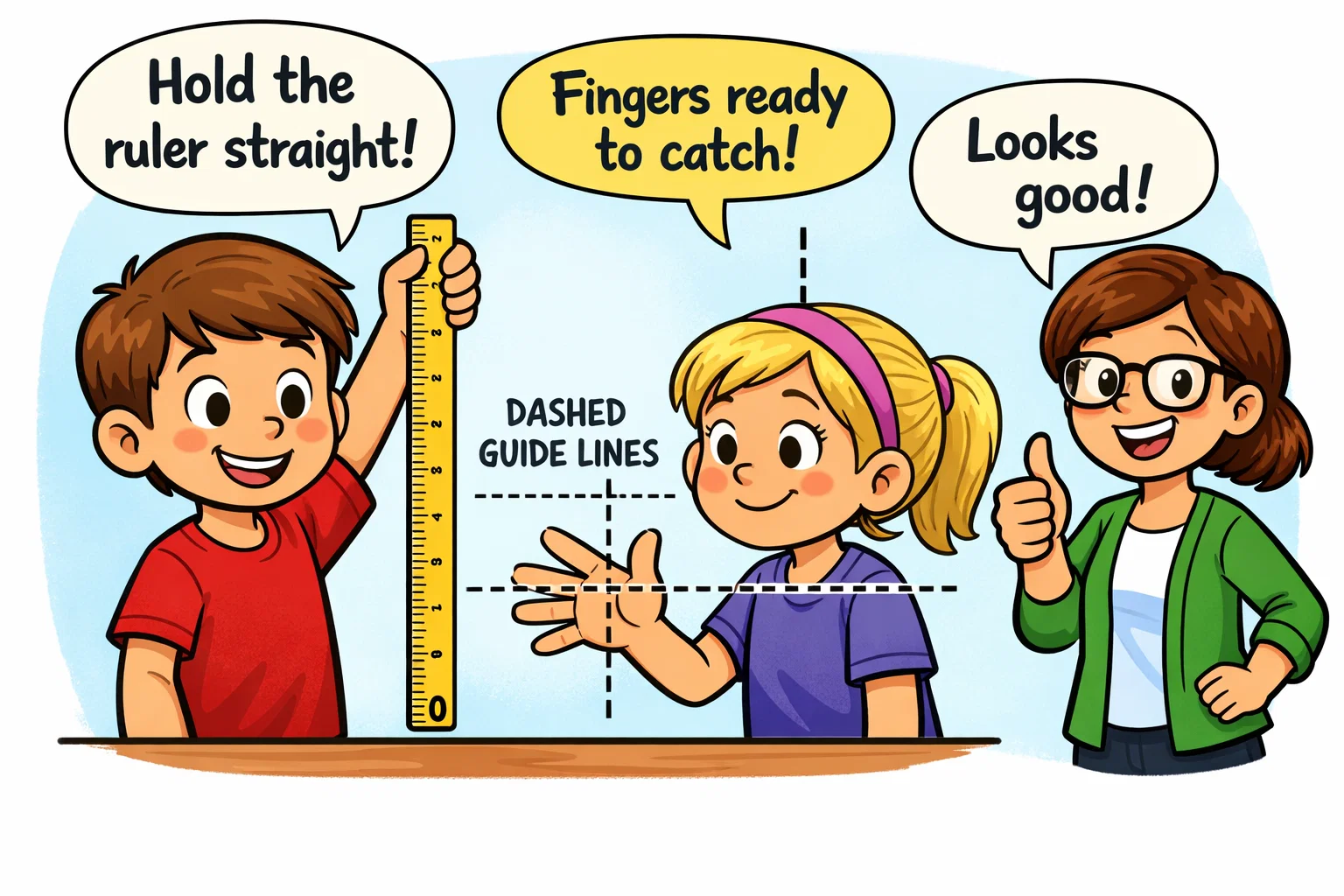 Ruler drop experiment setup for kids showing correct hand and ruler position.