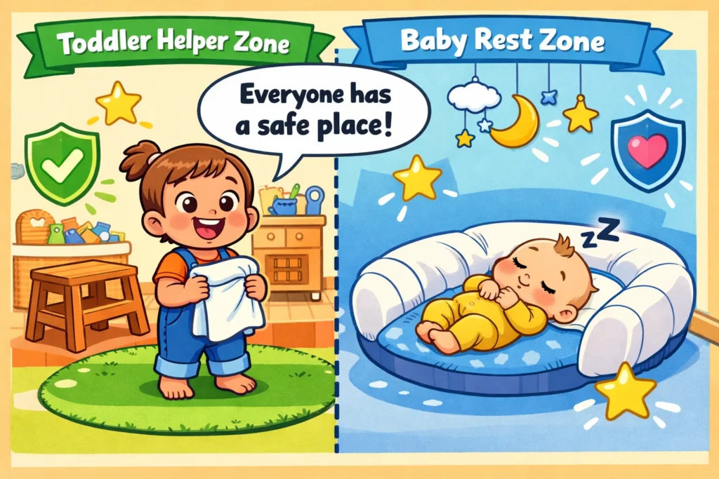 Safe environment for shared routines between toddler and baby.