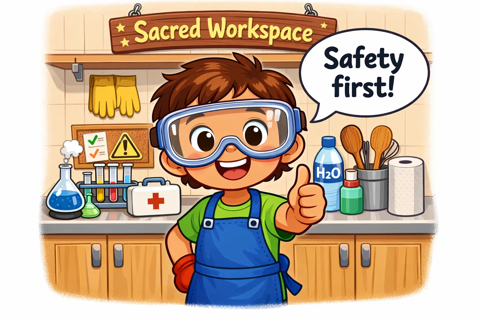 A cartoon child in safety goggles standing at a clean desk ready for home science experiments.