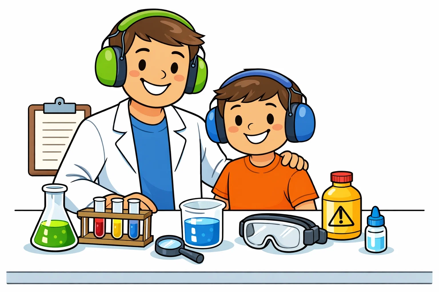 Friendly cartoon of a child and adult wearing earmuffs while preparing a safe science workspace. Friendly cartoon of a child and adult wearing earmuffs while preparing a safe science workspace.