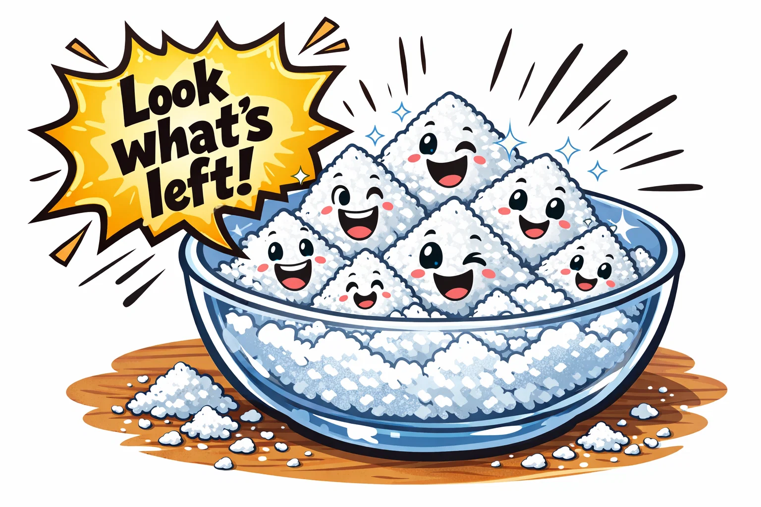 Playful comic illustration of salt crystals remaining in a bowl after water evaporates. Playful comic illustration of salt crystals remaining in a bowl after water evaporates.