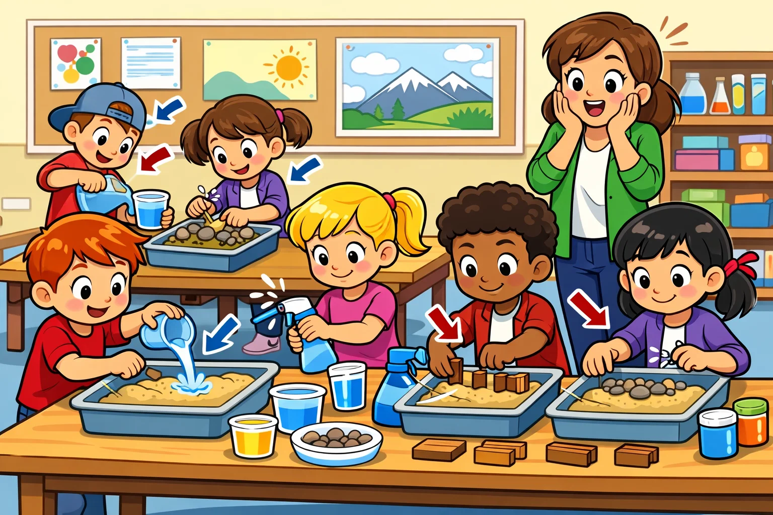 Sand and water erosion experiment setup with materials prepared for kids. Sand and water erosion experiment setup with materials prepared for kids.