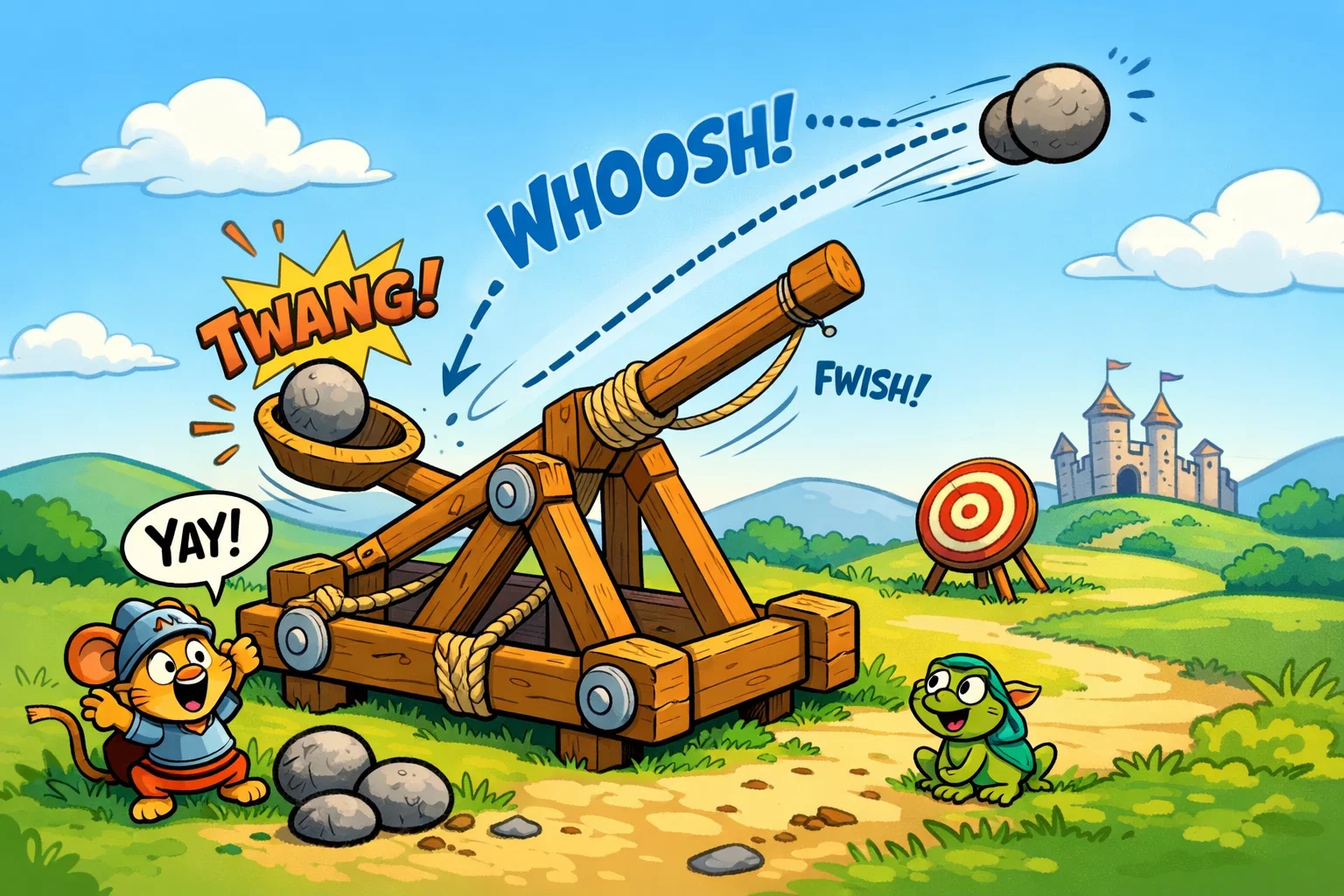 A cartoon diagram showing how a catapult stores and releases energy through a rubber band and lever arm. A cartoon diagram showing how a catapult stores and releases energy through a rubber band and lever arm.