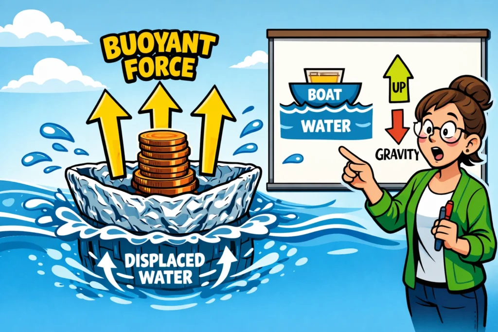 Science behind floating boats showing buoyancy and water displacement for kids.