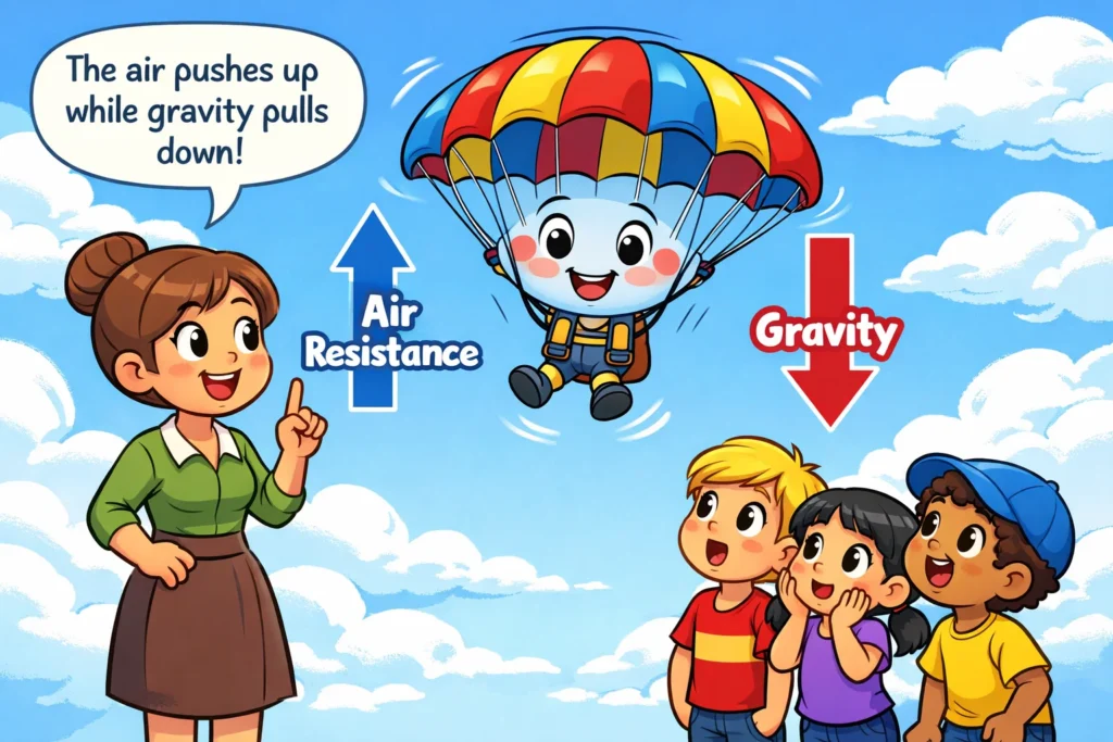 Science behind parachutes showing air resistance and gravity.
