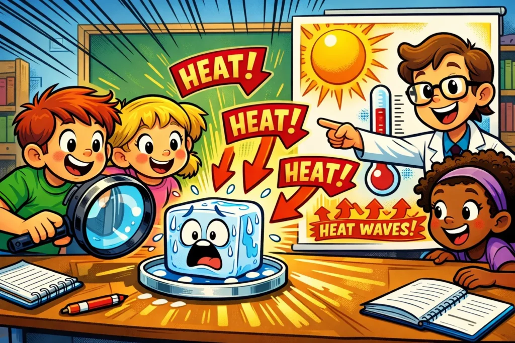 Science concepts of ice melting explained to kids in fun experiment.
