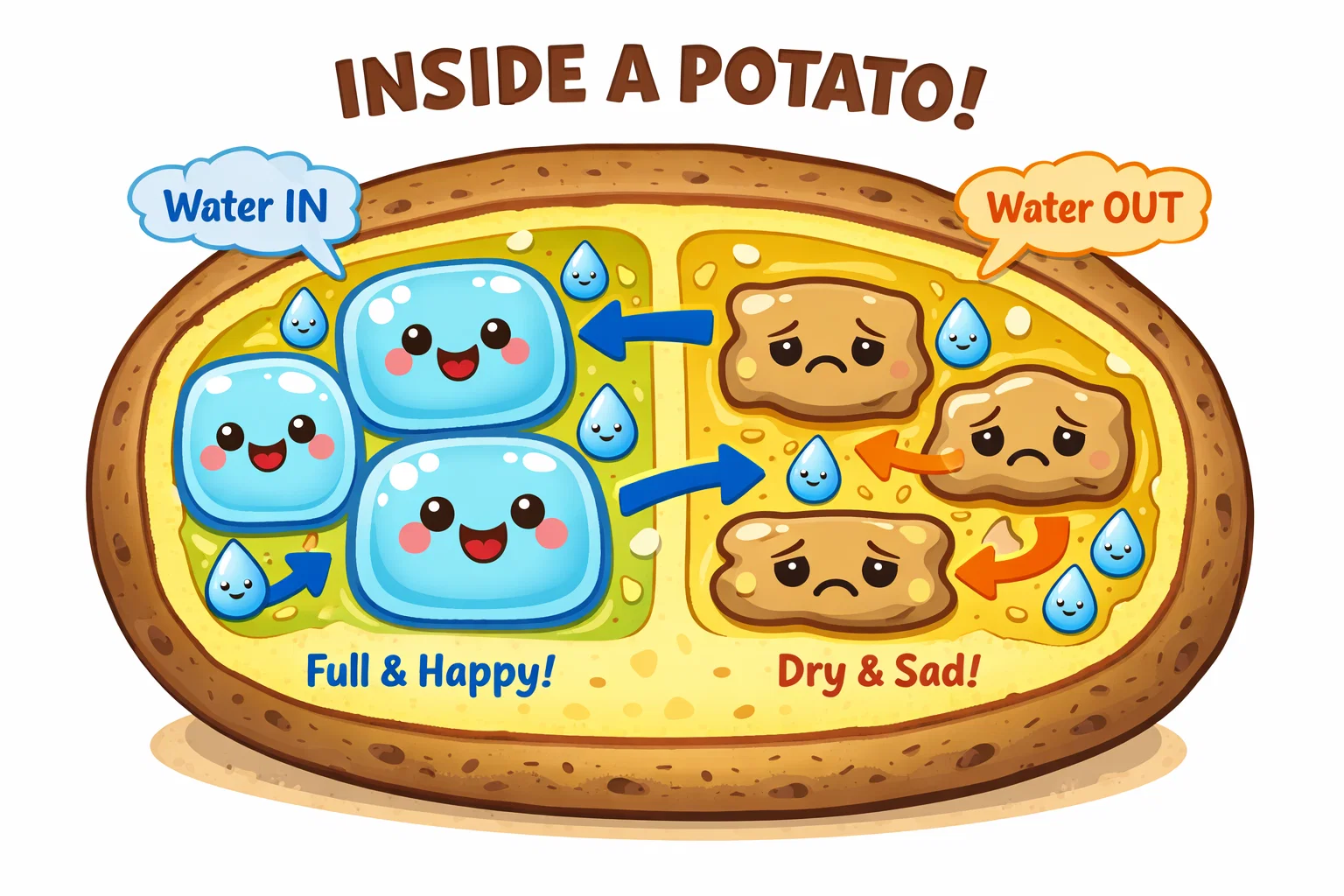 Science concepts potato osmosis showing water movement in potato cells.