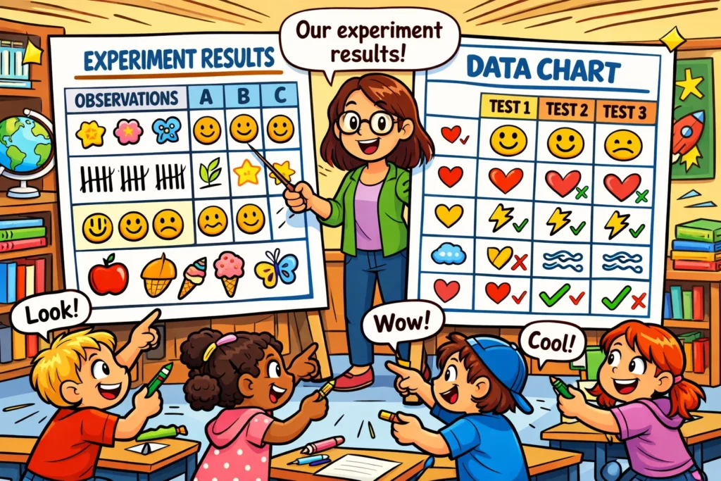 Science experiment recording sheets kids use to track observations and experiment results.
