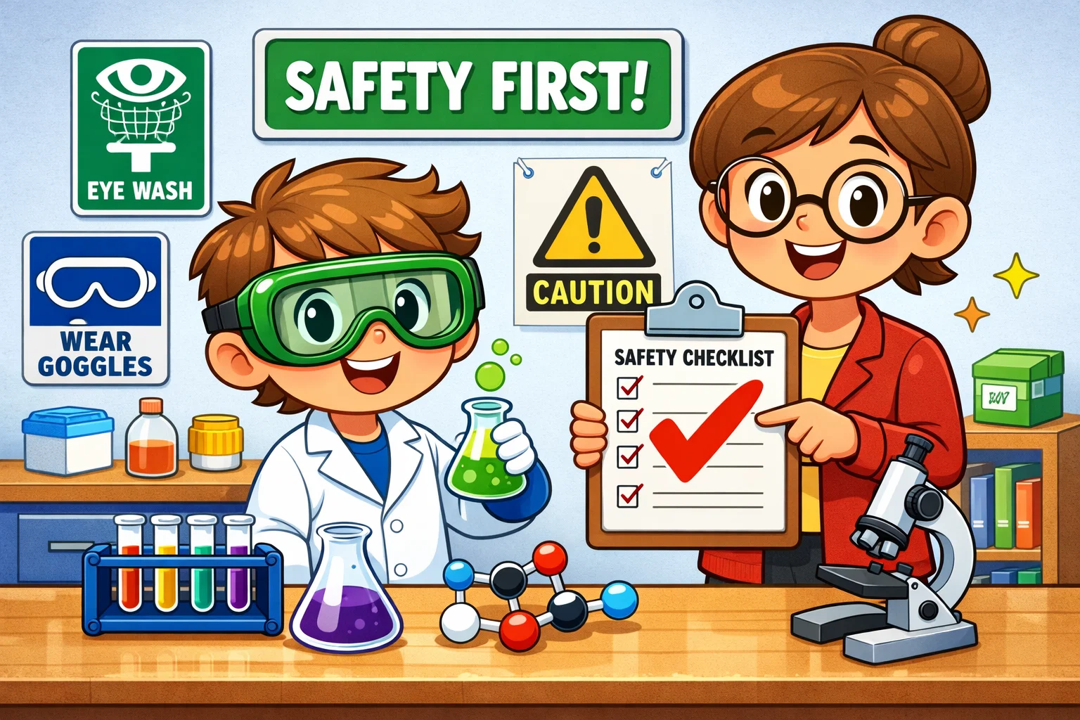 A playful cartoon emphasizing safety gear and adult supervision during home science experiments.