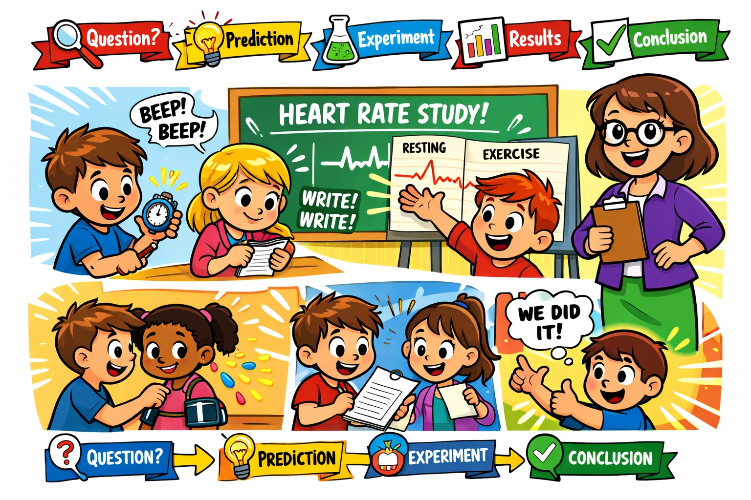 Scientific method in heart rate experiment for kids during classroom activity.