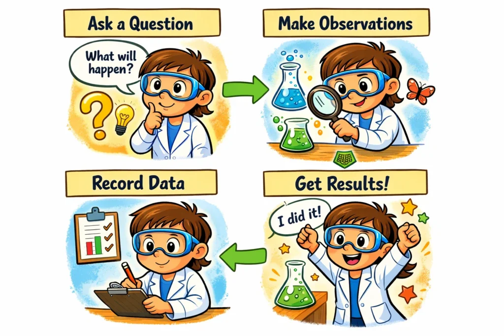 Scientific method kids experiments with children recording data and reviewing results.
