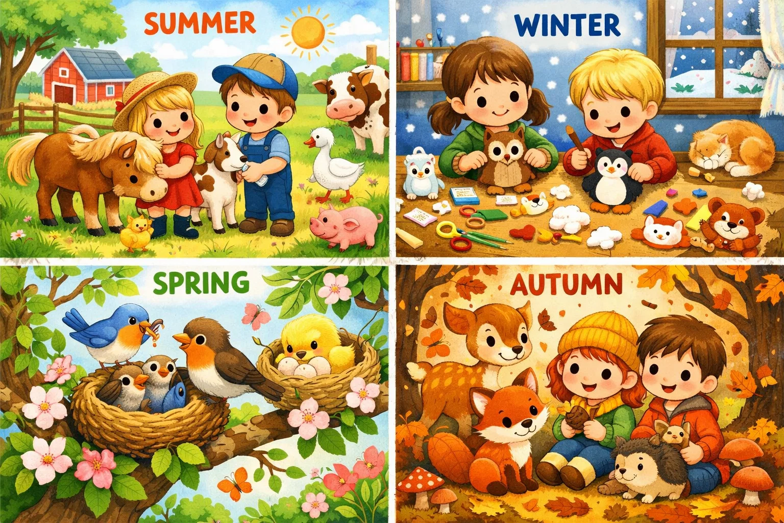 Seasonal animal activities for kids across summer winter spring and fall.