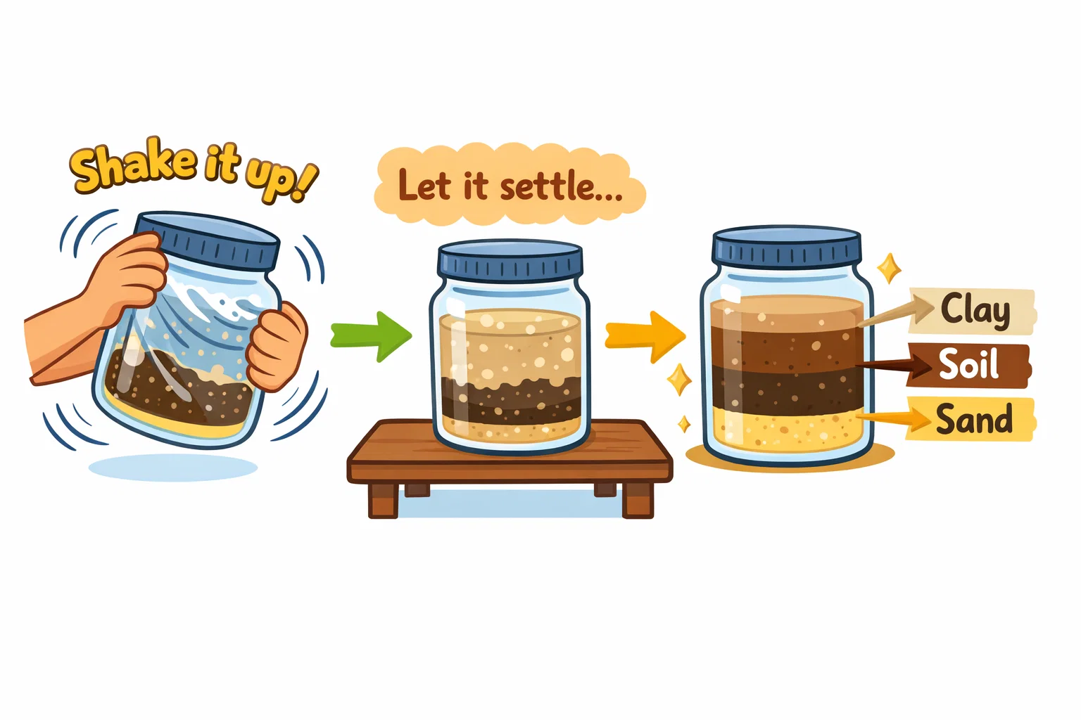 Sediment jar science experiment with sand and soil forming layers in water. Sediment jar science experiment with sand and soil forming layers in water.