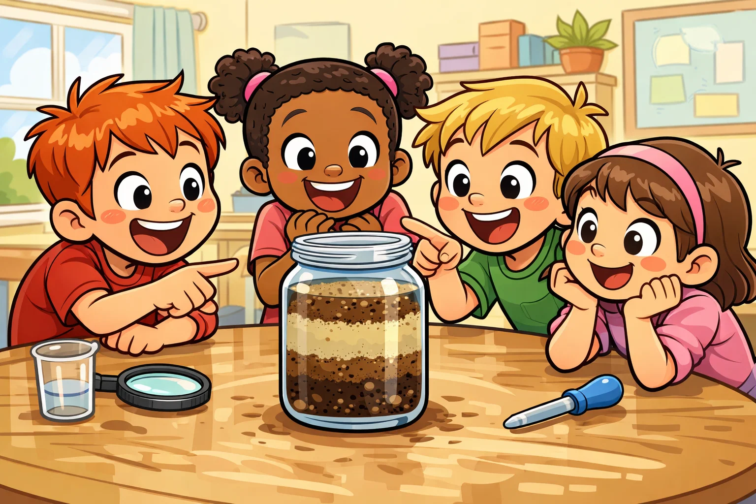 Sedimentation experiment for kids in water showing soil particles settling in a clear jar.