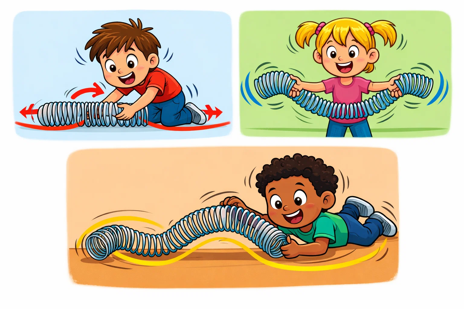 Seismic signal types slinky model showing longitudinal transverse waves.