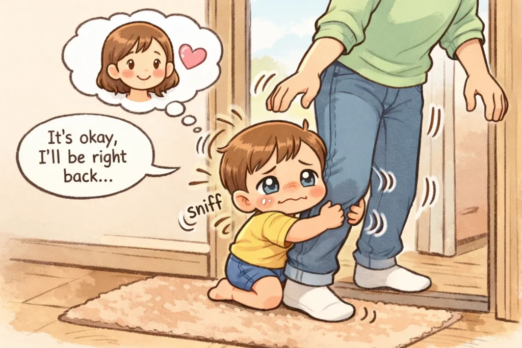 Separation anxiety and clingy toddler behavior during early family transition.