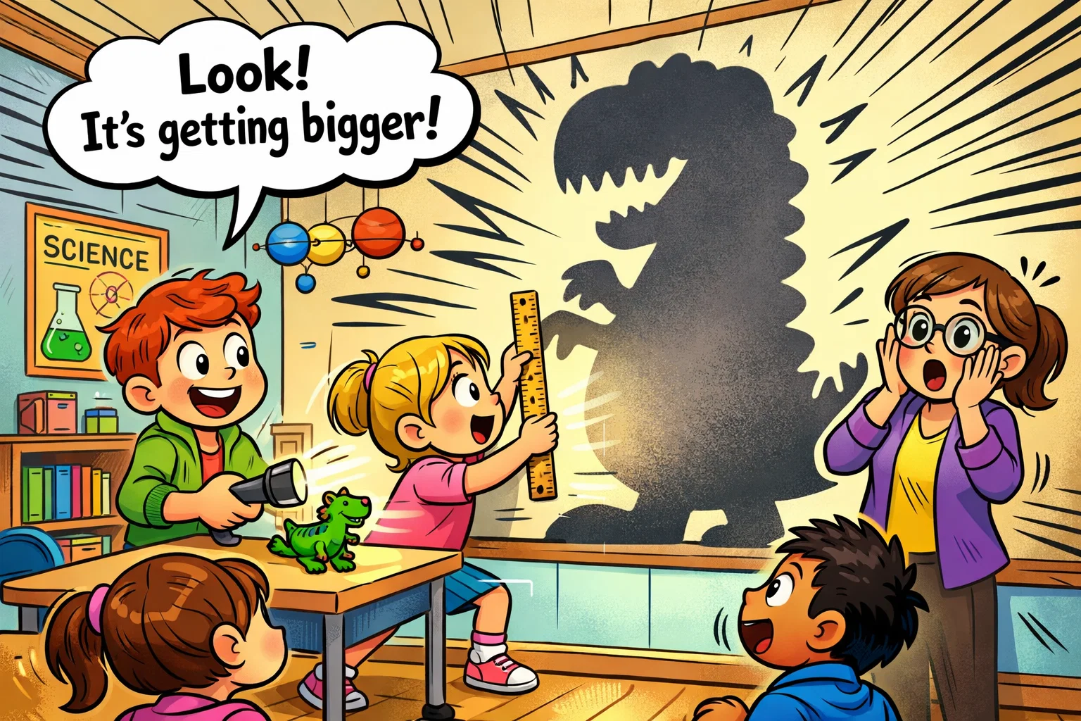 Kids testing shadow experiments light source distance with flashlight and wall shadow.