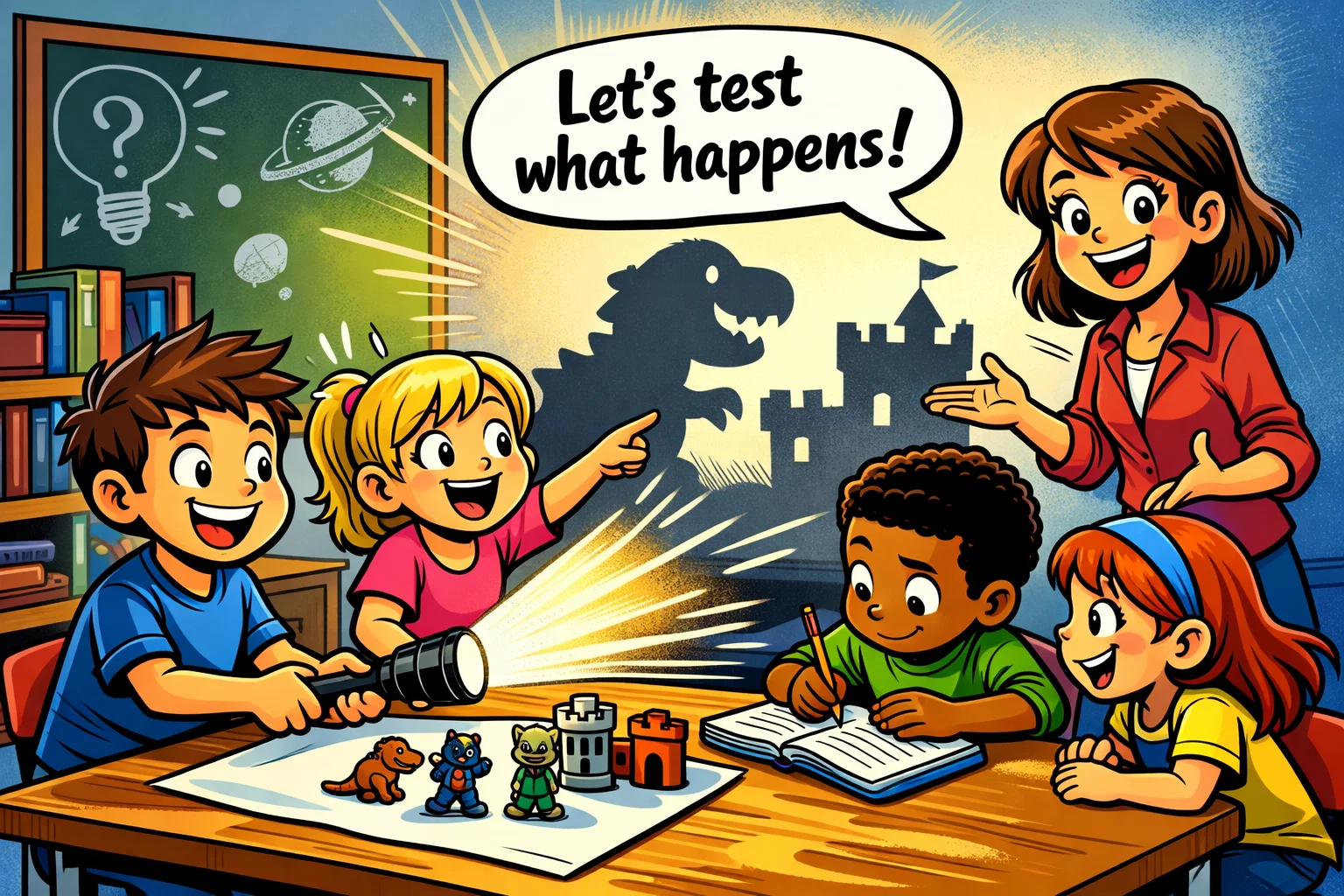 Children starting shadow investigation activity with flashlight and object.