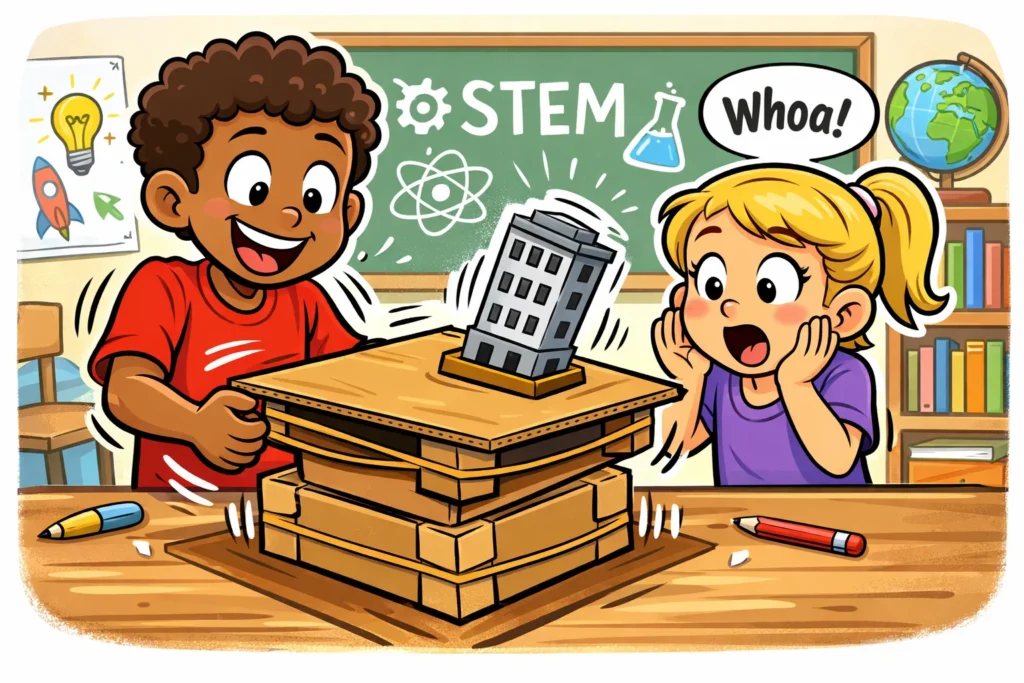 Shake table construction for kids using simple materials to test buildings.
