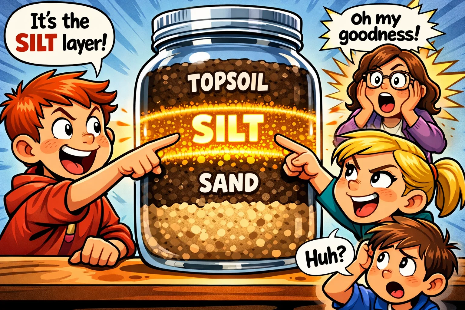 Silt layer in soil jar clearly visible between sand and clay during the experiment. Silt layer in soil jar clearly visible between sand and clay during the experiment.