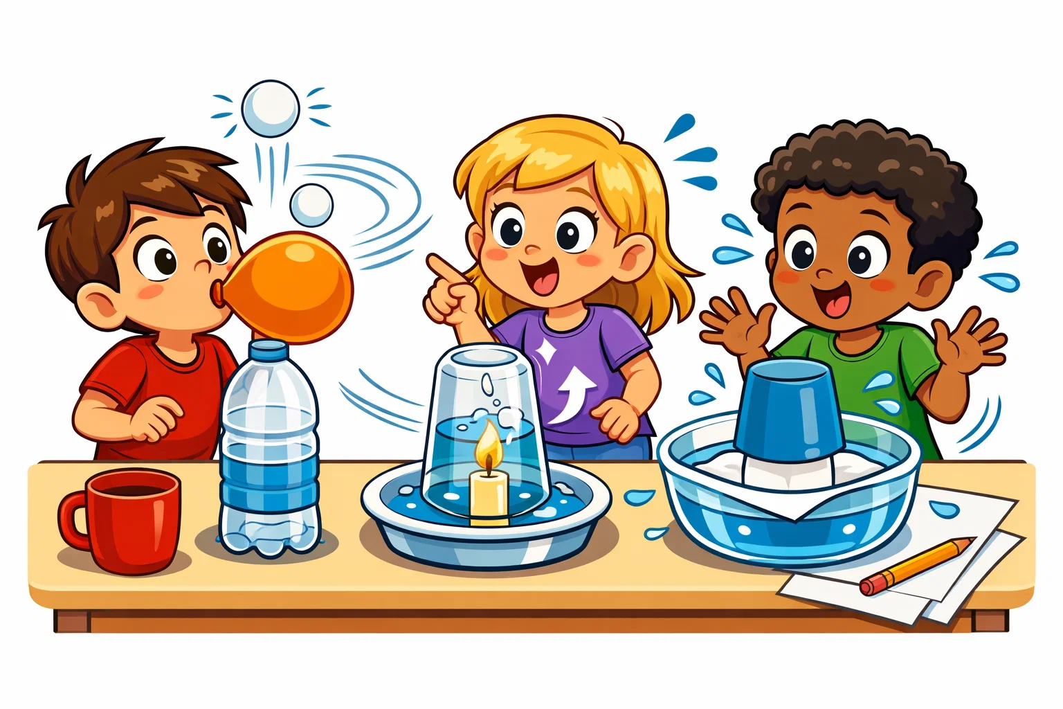 Simple air pressure experiments household items with bottles and cups.